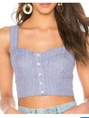 Free people chambray combo blue stripped cropped fitted button top sz small NWT